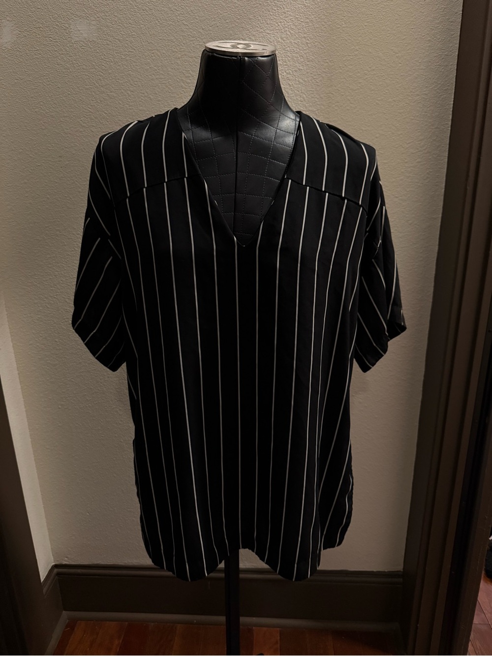 Lush Black V-Neck Vertical Stripe Blouse